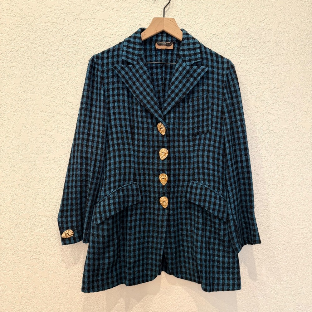 Romeo Gigli 100% Silk Gingham Blazer Blue Black Italian Designer Jacket 42 Small - Picture 2 of 15
